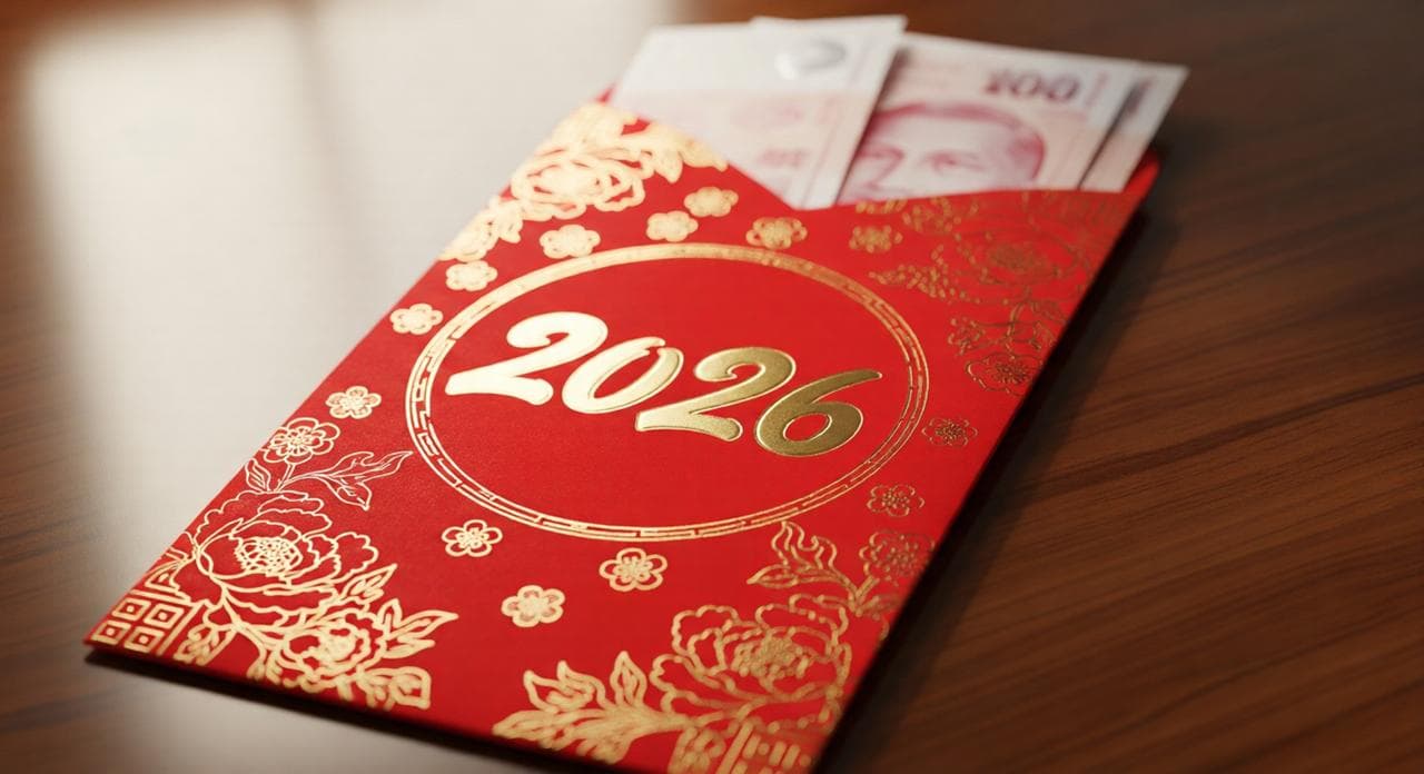 Red ang bao packet with 2026 gold embossing and Singapore hundred dollar notes