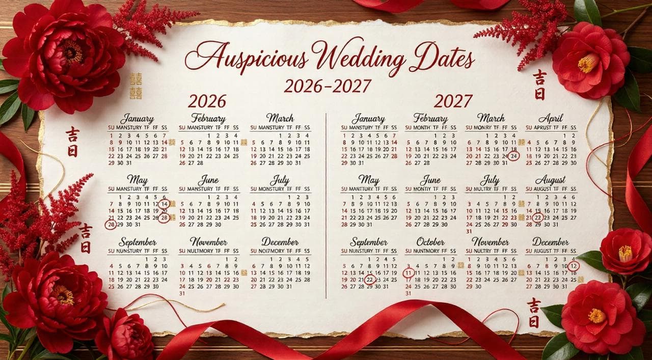 Chinese calendar with auspicious wedding dates marked in red