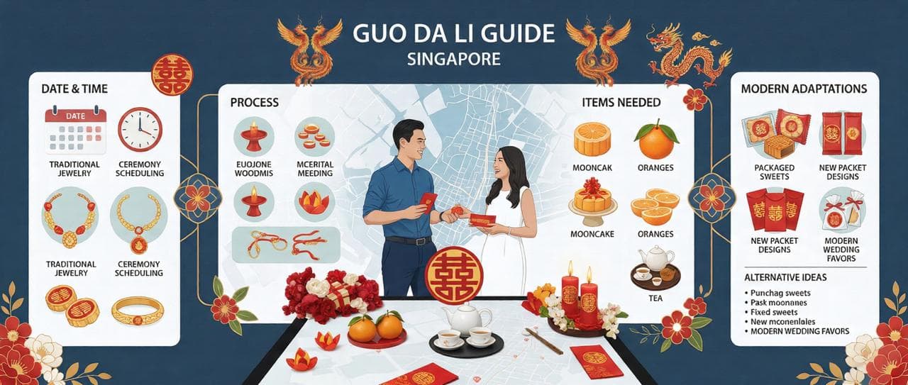 Traditional Guo Da Li betrothal gifts arranged on a red cloth