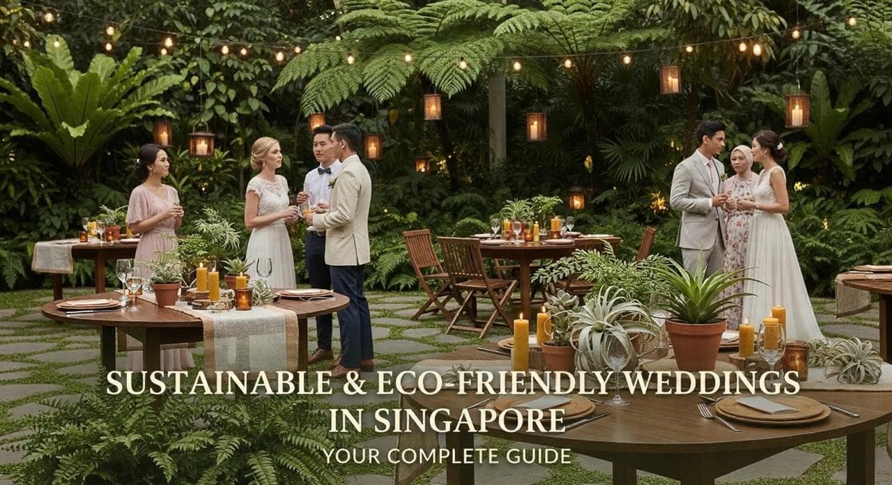 An eco-friendly outdoor wedding setup with lush greenery, reusable décor, and potted plant centrepieces in Singapore