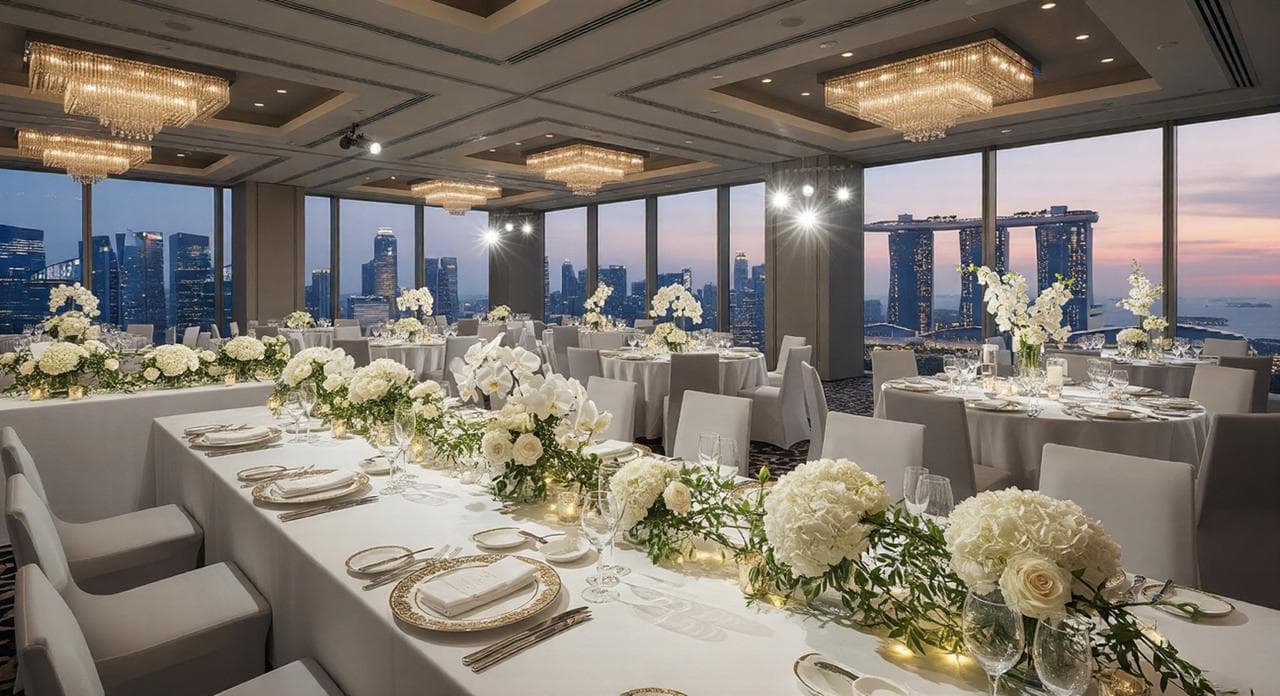 Luxury hotel ballroom wedding setup with crystal chandeliers and Marina Bay Sands view at sunset