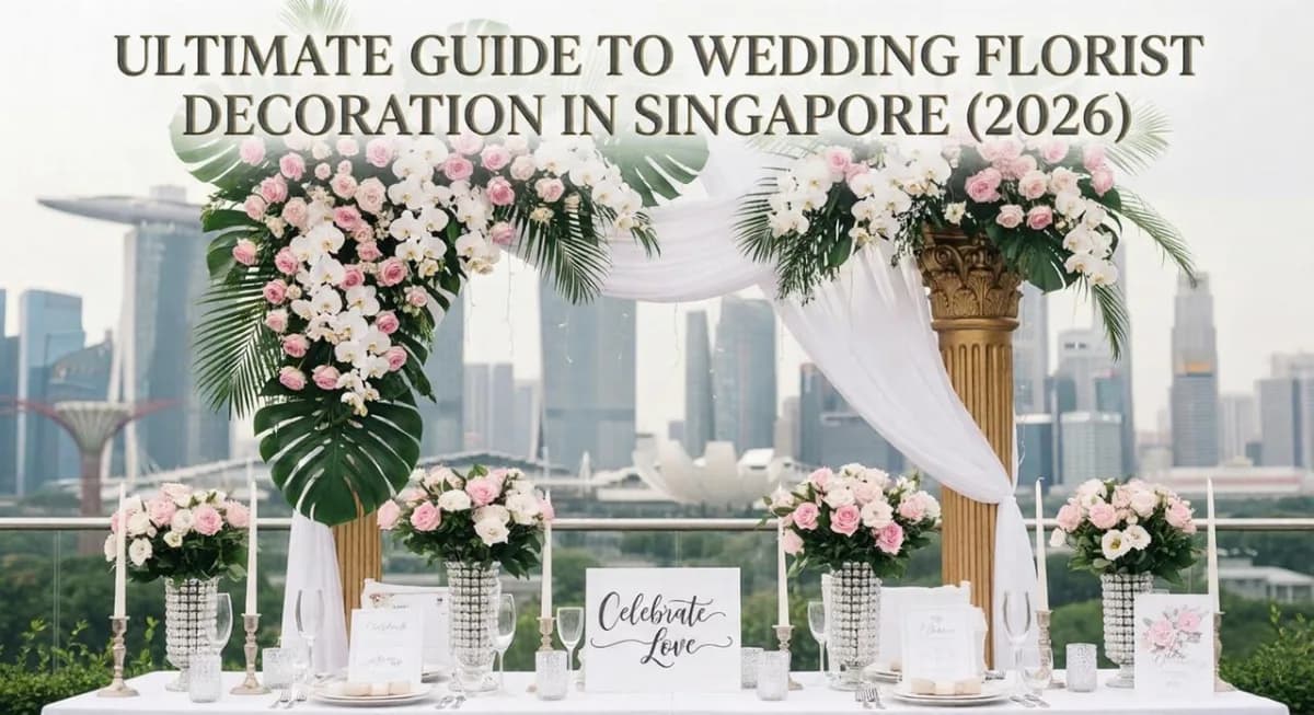 Beautiful floral arch and centrepieces at a Singapore wedding reception